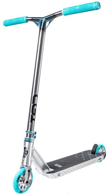 The CORE CG1 Complete Stunt Scooter - Raw/Teal by CORE features a silver deck with teal handlebars and wheels, black grip tape, and stylish branding—ideal for kids starting to learn tricks.