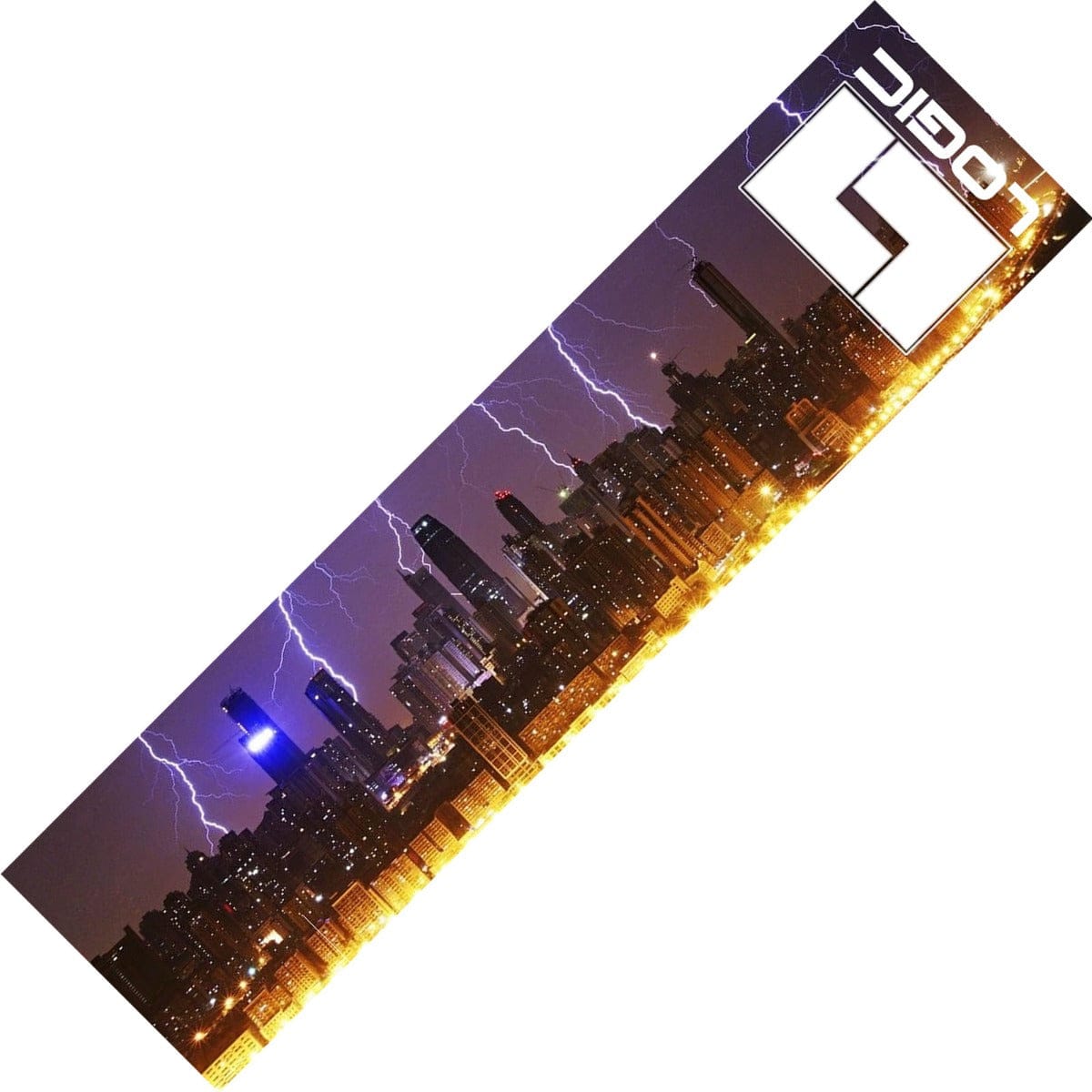 A panoramic view of a city skyline at night, with skyscrapers illuminated by lightning strikes across a dark sky. The image is tilted diagonally with a logo featuring "Logic" and the stylized number "1" in the top right corner, reminiscent of the ultra-grippy finish found on Logic V2 Stunt Scooter Griptape - Cityscape.