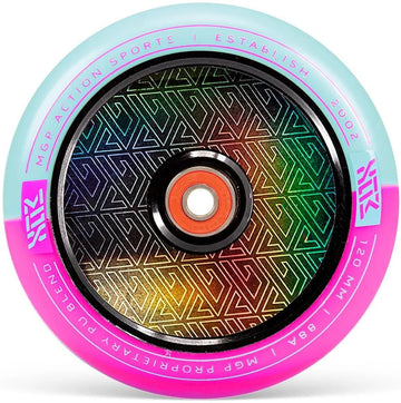 The Madd Gear MFX Corrupt Core 120mm Stunt Scooter Wheel in pink and teal features a vibrant geometric design, "MGP Action Sports" branding, and is perfect for stunt scooters.