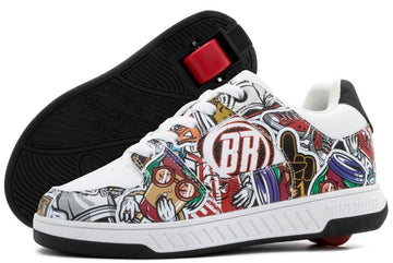 The Breezy Rollers Groovy Shoes - Cartoon feature white uppers with colorful graffiti-style cartoon graphics, black soles, and signature red wheels. One shoe stands upright while the other is tilted to reveal the patented wheel system.