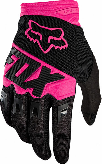 The FOX Dirtpaw Skate Protection Gloves in Black/Pink feature the FOX logo on the back, bold "FOX" lettering, touchscreen compatibility, and armored knuckle coverage for extra protection.