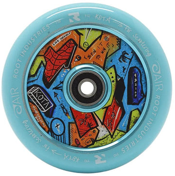 The Root Industries x KOTA Limited Edition AIR 110mm Stunt Scooter Wheel in blue features a colorful, abstract geometric center with "spin to win" and "KOTA," offering unique style and durability for riders.