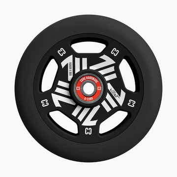 The CORE Vent 110mm Stunt Scooter Wheel - Black features a lightweight, five-spoke white and silver metal core, red “C3 Core Hardware” bearing, modern angular design, and “110MM 88A” text. Brand: CORE.