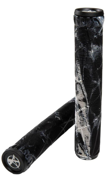 Two Addict OG Swirl Black / Grey Stunt Scooter Grips (180mm) made from durable TPR, each with a textured surface and circular logo on the end caps—one grip upright, one horizontal. Brand: Addict.