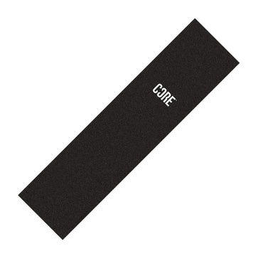 Introducing the CORE Stunt Scooter Griptape - Stamp, a black mat featuring the "CORE" logo in white at one end. This product delivers ultimate grip with its lightly textured surface, reminiscent of yoga mats designed for those eager to enhance their workout experience with dependable support.