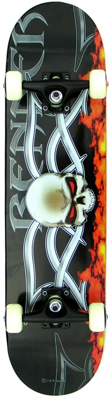 The Renner A19 Devil's Eye Complete Skateboard (7.75" x 31") features a 9-ply Chinese maple deck with skull, red eyes, tribal silver art, and orange flames on black—ideal for beginners. Brand: Renner. White wheels included.