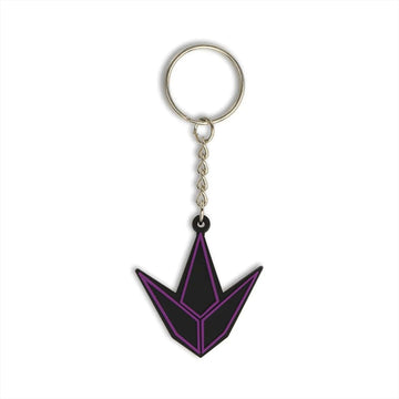 The Blunt Envy Logo Keyring - Black / Purple features a stylish, angular geometric pendant outlined in purple, resembling a downward arrow, attached to a metal key ring by a short chain.