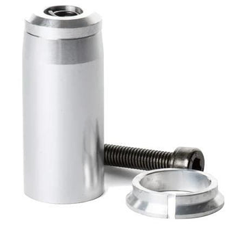 The Root Industries 60mm IHC Shim & Bolt Kit includes a shiny silver fork cylinder, a screw, and a circular clamp, all shown upright on a white background.