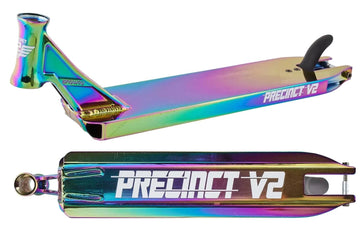 The Longway Precinct V2 Neochrome Stunt Scooter Deck (4.9" x 22") shines with a rainbow finish, bold white "PRECINCT V2" lettering, and metallic hardware—ideal for riders who want standout style from a trusted Longway design.