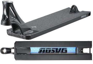 The Blunt Envy AOS V6 Squad Black Stunt Scooter Deck (5.5" x 22") is shown from two angles: the top reveals its textured standing surface, while the bottom features the holographic "AOSV6" logo.