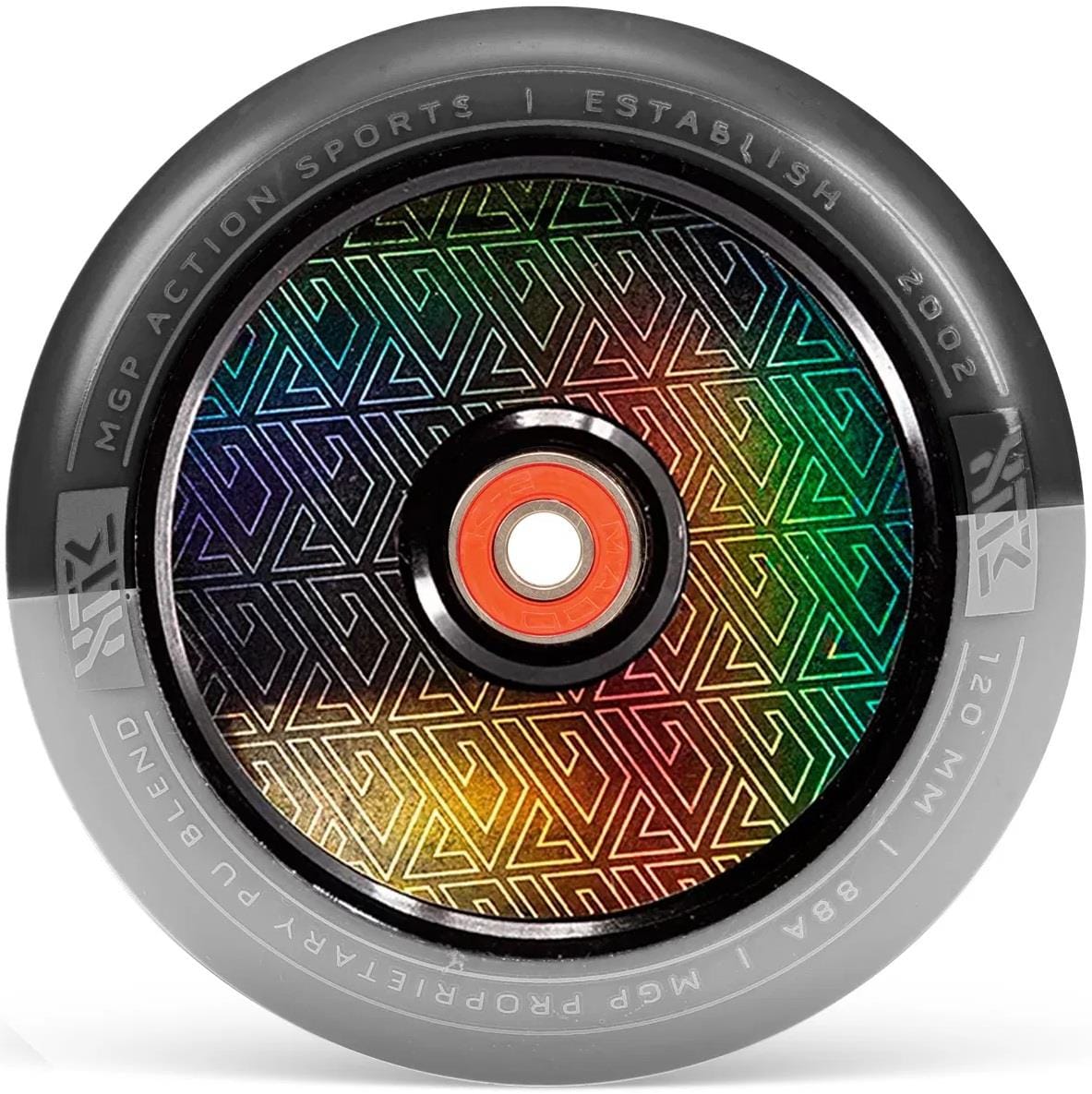 A close-up of the Madd Gear MFX Corrupt Core 120mm Stunt Scooter Wheel in black and grey, featuring a geometric core design and bold "MGP ACTION SPORTS | ESTABLISH 2002 | 120 MM | 88A" text around the rim.