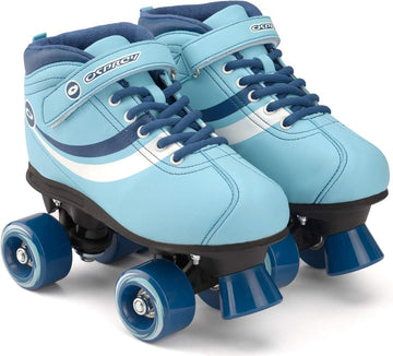 Osprey Disco Quad Roller Skates - Blue by Osprey feature white accents, blue laces, adjustable ankle straps, four blue wheels per skate, a black sole with front stopper—ideal for indoor and outdoor skating.