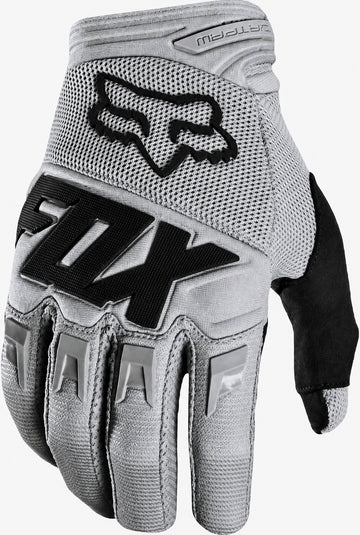 The FOX Dirtpaw Skate Protection Gloves - Grey are durable gray gloves with black and white accents, featuring the FOX logo on the back and lettering across the knuckles, designed for grip and protection.