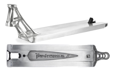 The Ethic DTC Pandemonium V2 Boxed Raw Stunt Scooter Deck (5.5" x 21.3") is shown from side and bottom views. Made from 6061-T6 aluminium, it features a cut-out "Pandemonium" engraving and an angular, open-frame neck design.