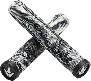 Two black, white, and gray marbled Blunt Envy V3 160mm stunt scooter grips are crossed, each with a black cap featuring a white geometric logo—ideal for upgrading your Blunt Envy or any scooter handlebars.
