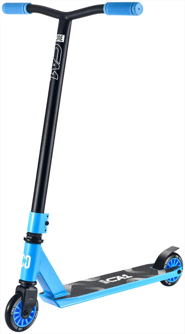The CORE CA1 Beginner Complete Stunt Scooter - Blue by CORE is a kids’ scooter with blue grips and wheels, a T-shaped handlebar, and a textured black foot deck. It stands upright, facing slightly right.