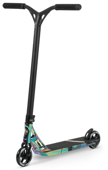 The Invert Supreme Journey 3 Jamie Hull Complete Stunt Scooter boasts a vibrant neochrome design with a black T-bar handle and grip tape on the deck. It features alloy core wheels and an ultra-lightweight deck for easy maneuverability, all set against a white background.