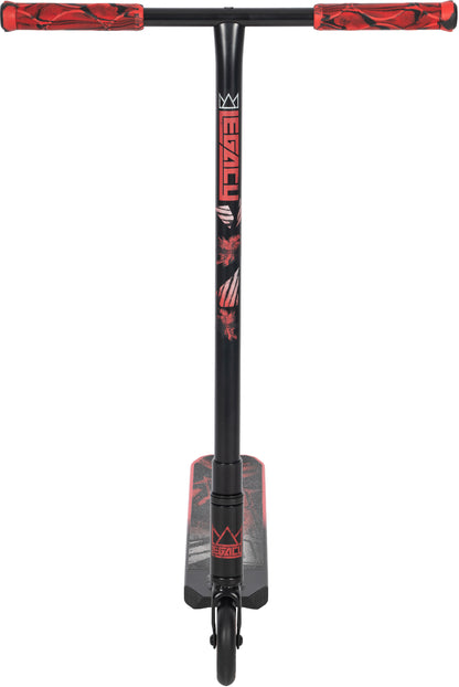 The Legacy Fade Complete Stunt Scooter in black and red features “LEGACY” on the stem, red grips, and a printed deck—ideal for beginners mastering tricks at the skatepark.