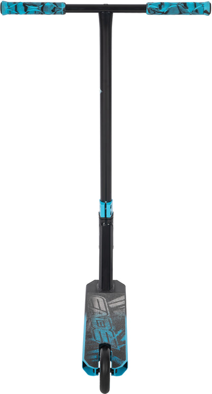 Front view of the Legacy Fade Complete Stunt Scooter by Legacy in black and blue, ideal for beginners, with a wide handlebar, patterned blue grips, and a deck featuring blue and gray graphics. The single front wheel is visible below the deck.