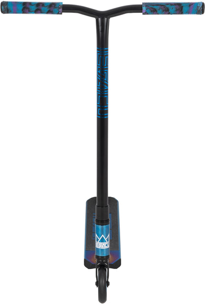 The Legacy Ventus Complete Stunt Scooter - Blu Ray Chrome by Legacy features wide handlebars with patterned grips, a narrow deck, and a single front wheel in black and blue—ideal for performing tricks at the skatepark.
