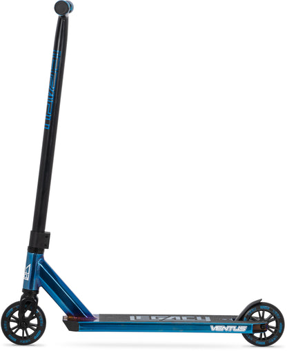 The Legacy Ventus Complete Stunt Scooter - Blu Ray Chrome by Legacy features a long black handlebar, two black wheels, and "VENTUS" on the deck—perfect for skatepark tricks.
