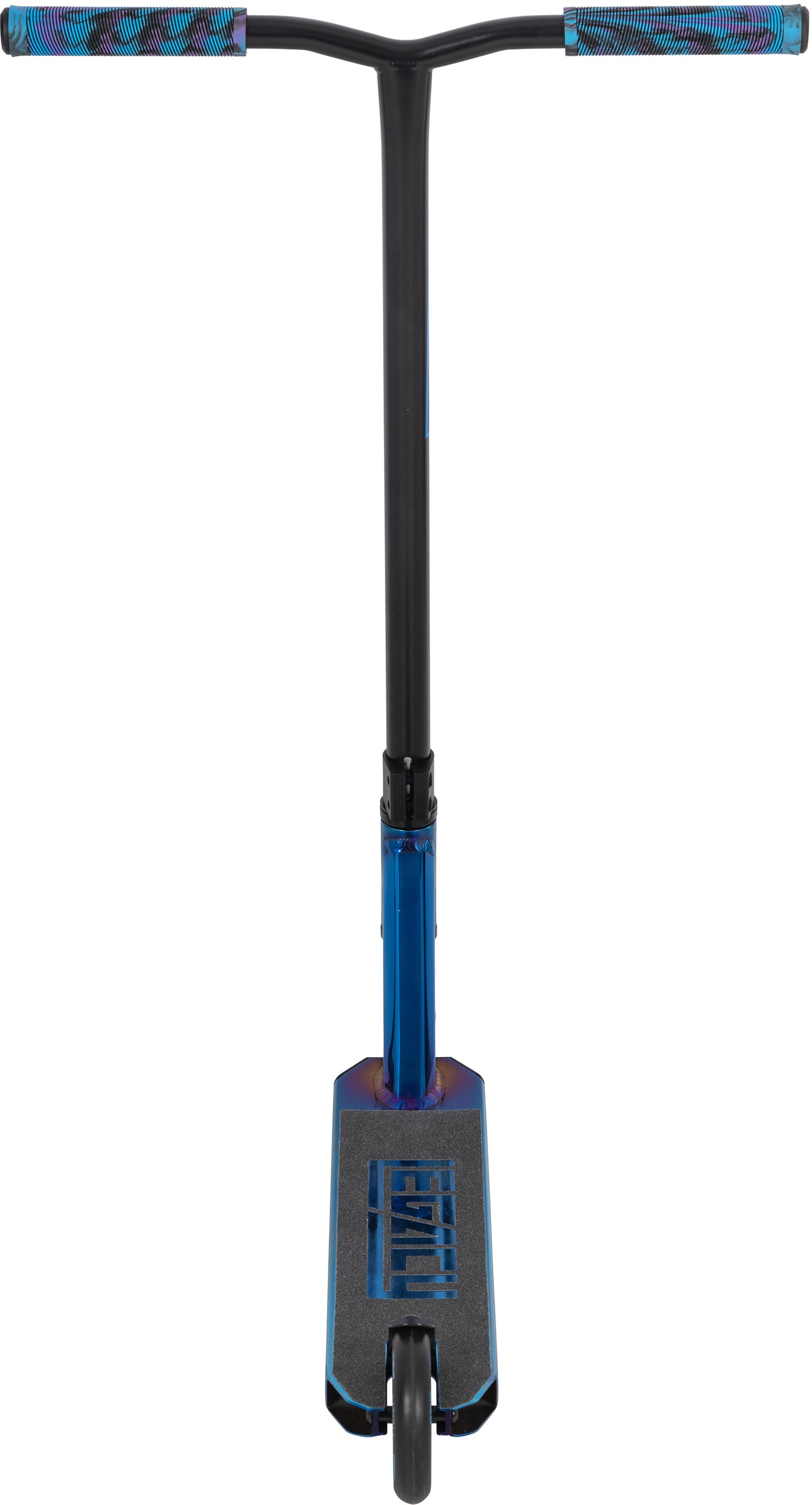 Front view of the Legacy Ventus Complete Stunt Scooter - Blu Ray Chrome by Legacy, featuring blue and black accents, textured handlebar grips, and a wide deck against a white background.