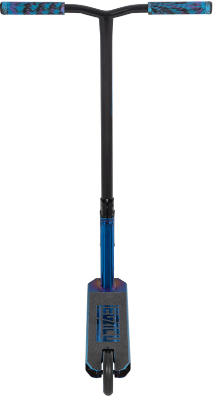 Front view of the Legacy Ventus Complete Stunt Scooter - Blu Ray Chrome by Legacy, featuring blue and black accents, textured handlebar grips, and a wide deck against a white background.