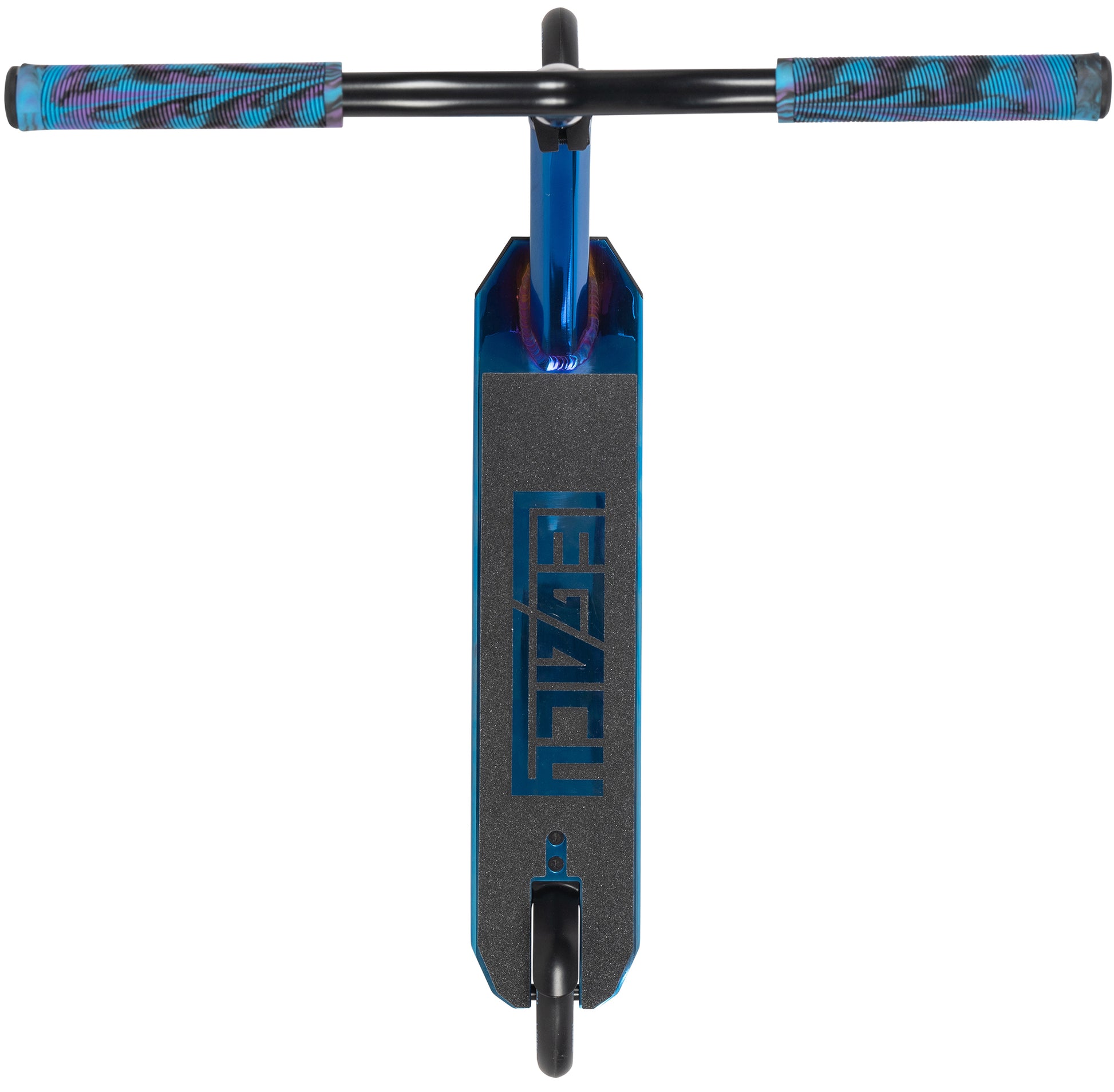 The Legacy Ventus Complete Stunt Scooter - Blu Ray Chrome features black handlebars, multicolored grips, and a deck with "LEGACY" cut out in the grip tape—ideal for skatepark stunts.