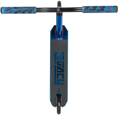 The Legacy Ventus Complete Stunt Scooter - Blu Ray Chrome features black handlebars, multicolored grips, and a deck with "LEGACY" cut out in the grip tape—ideal for skatepark stunts.