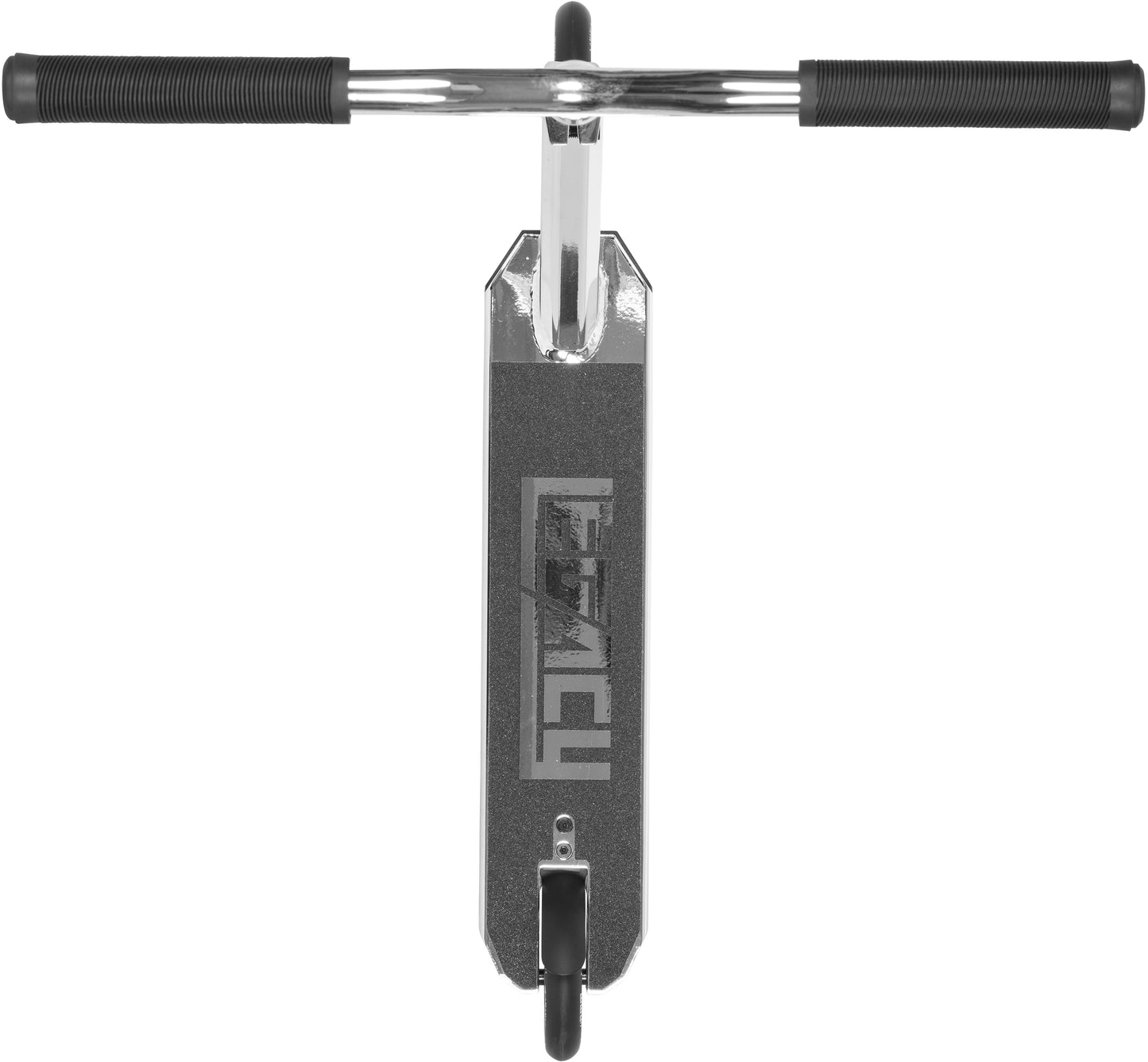 The Legacy Ventus Complete Stunt Scooter in chrome and black, by Legacy, is shown top-down with black grips and a wide deck featuring a bold "LEGACY" logo—perfect for landing tricks at the skatepark.