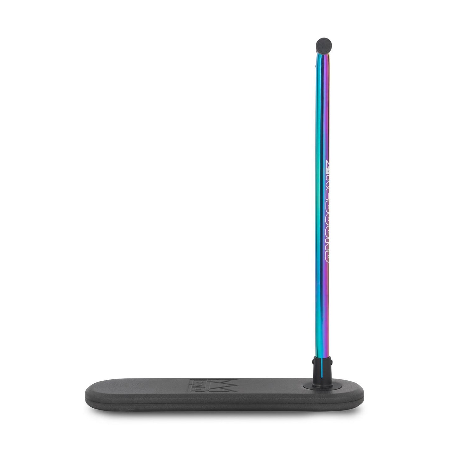 A Legacy Rebound Indoor Trampoline Scooter - Neochrome by Legacy features a neochrome bar with a black tip, standing vertically on a flat black rectangular base against a white background.