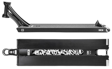 Two views of the CORE ST3 Forged Black Street Stunt Scooter Deck by CORE: the top view reveals a textured, wide 6.5" x 22.5" deck with a raised rear brake; the bottom view displays a central white graphic.