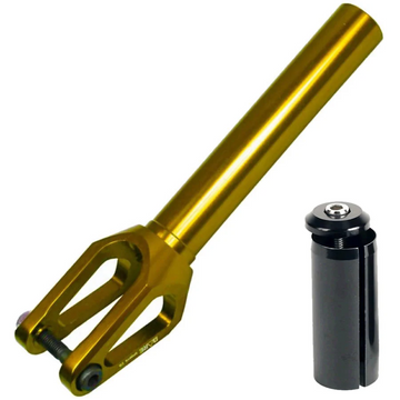 The Dare Dimension IHC Stunt Scooter Forks in gold by Dare, shown with a black IHC compression system part, are CNC-machined from aluminium and displayed on a white background.