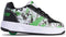 The Heelys x Minecraft Kama Boys Shoes feature a white, black, and green design with pixelated graphics, black laces, a green heel wheel, thick white sole, and Heelys branding on the side and tongue.
