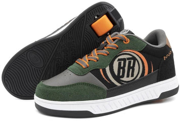 The Breezy Rollers Hero 2 Shoes - Black / Green feature black, green, and gray colors, orange laces, a round "BRK" logo, thick white soles, and showcase their patented wheel system with an orange detail by the heel.