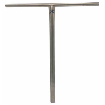 The Root Industries AIR Titanium Oversized HIC Stunt Scooter T-Bars - Raw 690mm x 600mm, feature a silver metallic T-shaped design with a smooth finish crafted from lightweight titanium. The handlebar includes a logo at the intersection of the vertical and horizontal bars and is displayed against a plain white background.