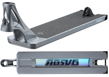The Blunt Envy AOS V6 Squad Grey Stunt Scooter Deck (5.5" x 22") features a textured foot surface, a holographic AU SV6 logo underneath, a uniquely shaped headtube, and a rear brake.