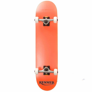 Displayed vertically against a pristine white background, this Renner Pro Series Orange Complete Skateboard measures 7.75" x 31" and features a vibrant orange deck made from 7 Ply Canadian Maple. It is equipped with white wheels and silver trucks, while the brand "Renner" is boldly printed in black on the underside of the deck.