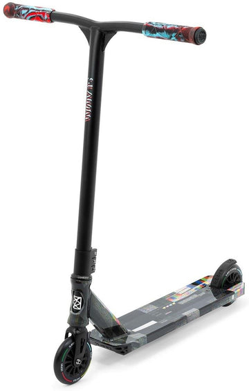 The Slamm Mischief Complete Stunt Scooter - Glitch boasts a sleek black look, colorful grips, and a vibrant graphic deck. With its wide T-bar handle and 110mm wheels, it delivers both style and performance for thrill-seekers in tricks and freestyle riding.