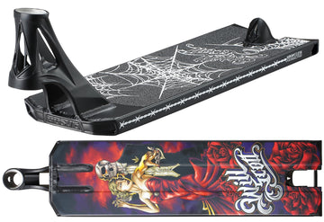 The Blunt Envy AOS V6 Will Scott Signature Stunt Scooter Deck (6.5" x 23") features a black deck with web pattern and "Wild Cat" text on top, plus a bold underside graphic of a woman in a red dress with roses and flames.