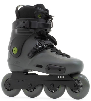 The Echo Sonar 4 Wheel Inline Freeskates in black by Echo feature adjustable straps and buckles, making them a stylish and durable choice for urban skating adventures.