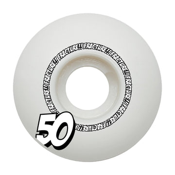 The Fracture Comic Classic 50mm 100A skateboard wheel prominently displays the "FRACTURE" brand swirling around its center. Constructed from high rebound urethane, this white wheel features a bold black and white "50" at the bottom left.
