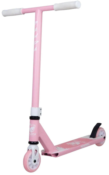 The Panda Cub Complete Stunt Scooter - Pink by Panda features white handlebars, two white wheels, a black rear brake, and a deck with white graphics. Perfect for junior riders, it stands upright against a white background.