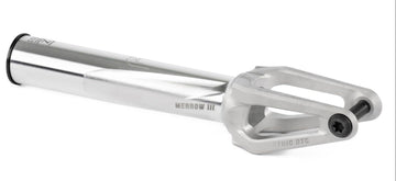 The Ethic DTC Merrow V3 SCS Stunt Scooter Fork in raw silver, crafted from 7075 aluminium with a cylindrical tube and open-ended pronged base engraved “ETHIC DTC” and “MERROW III,” is among the lightest forks, shown on a white background.