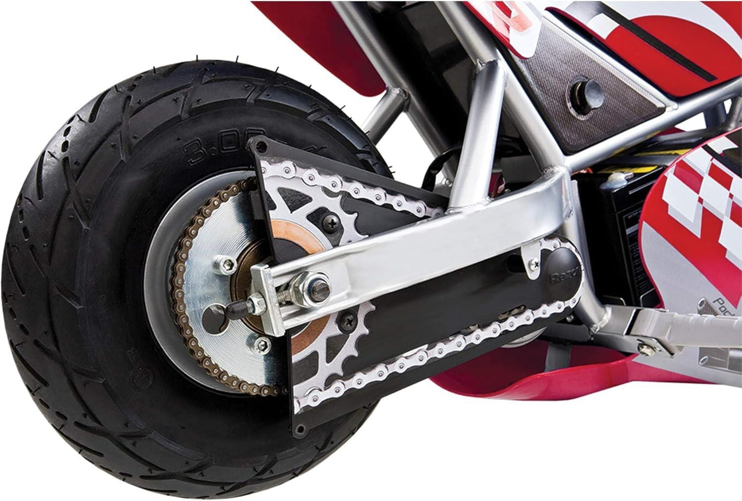 Close-up of the Razor Pocket Rocket Electric Bike - Red by Razor, highlighting the rear wheel’s tire, metal frame, chain, and sprocket against a red, white, and black background.