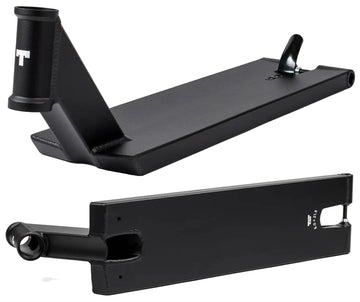 Two views of the Tilt Stage I Pro Black Stunt Scooter Deck by Tilt (6" x 21.5"): one shows the headtube from above, the other displays the flat underside, rear wheel slot, and adjustable flex fender. Made from anodized 6000 series aluminium.