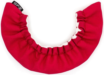 The SFR Ice Skate Blade Soakers in red feature a ruffled texture, providing protection and moisture absorption with absorbent microfiber. They include a small black tag with white lettering on one end for easy identification.