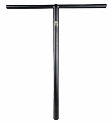 A black Supremacy Trojan Steel Standard SCS T-bar handlebar, measuring 710mm x 610mm, featuring a vertical stem and horizontal grip, designed for the Stunt Scooter, set against a plain white background.