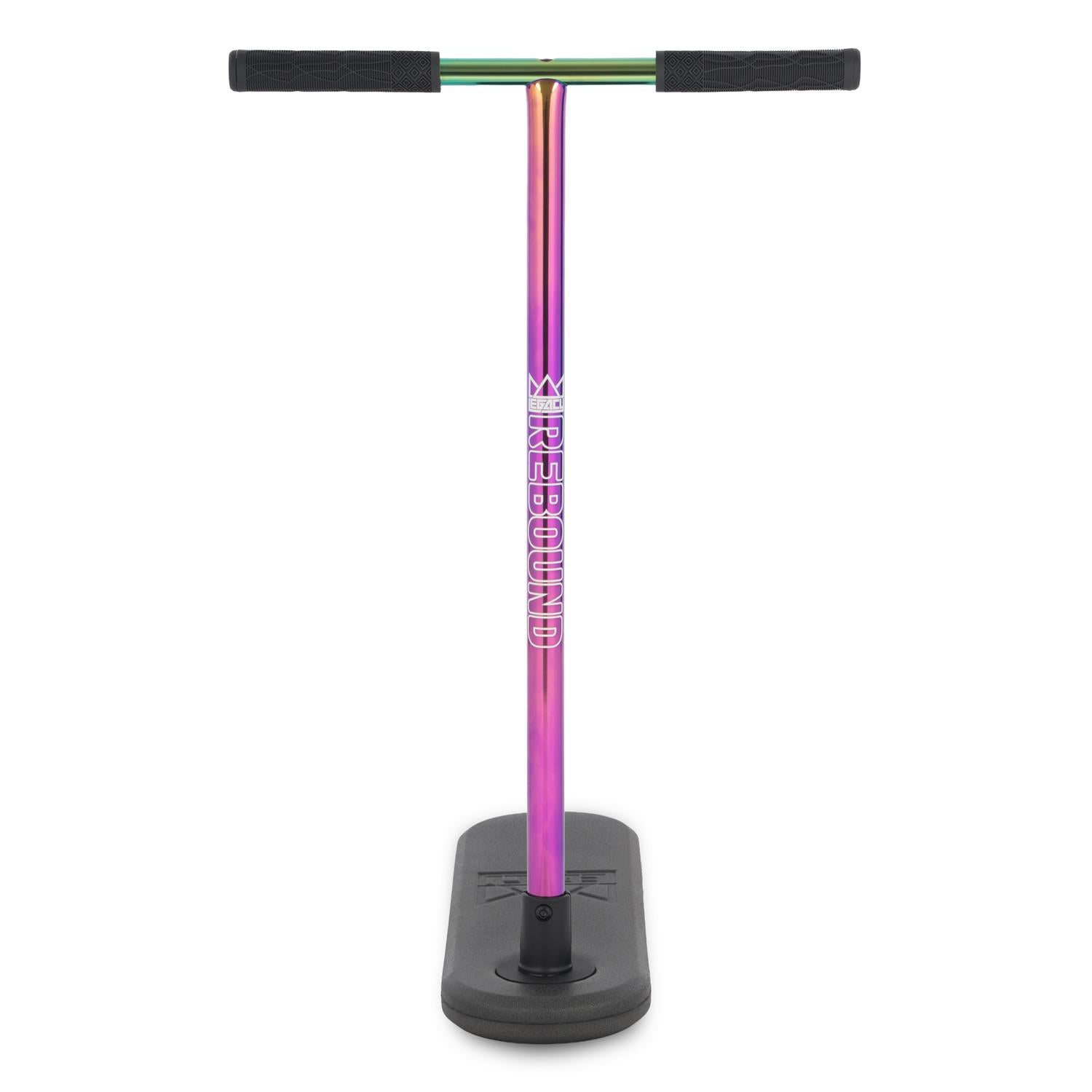 The Legacy Rebound Indoor Trampoline Scooter - Neochrome by Legacy features a neochrome bar, black hand grips, sturdy black base, and "REBOUND" vertically printed on the stem, displayed against a white background.