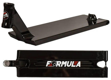 Two views of the Tilt Formula Pro Black Stunt Scooter Deck (6.5" x 22.8") are shown, featuring "FORMULA" in bold white letters with red and yellow accents on its glossy, metallic bottom—ideal for street riding.